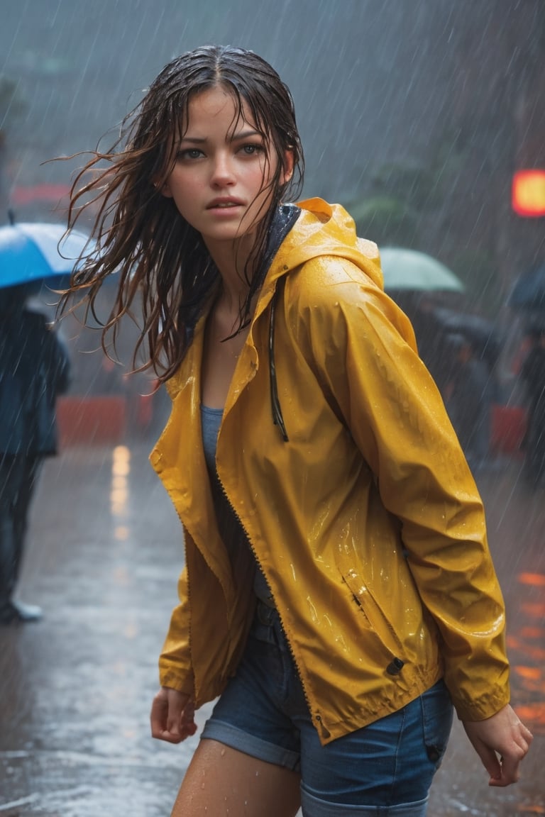 1girl, standing in the rain, wet clothes, heavy wind, masterpiece, realistic, Canon 5D mark III,