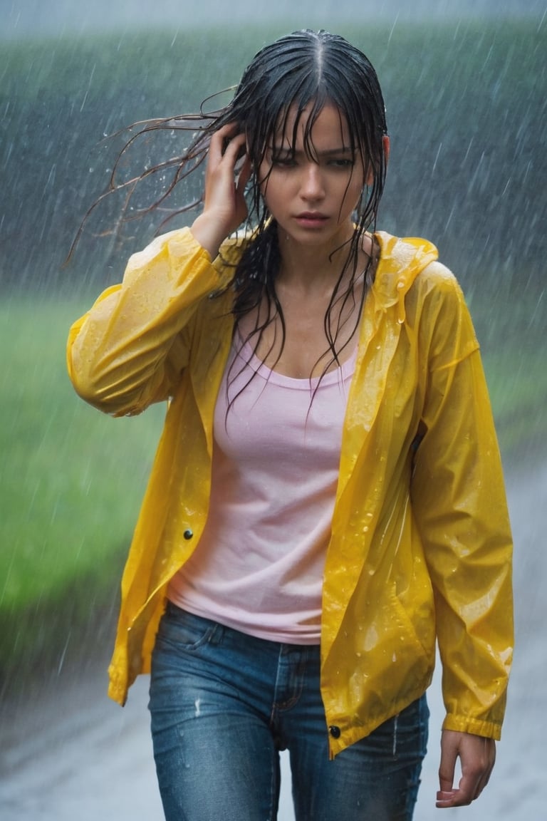 1girl, standing in the rain, wet clothes, heavy wind