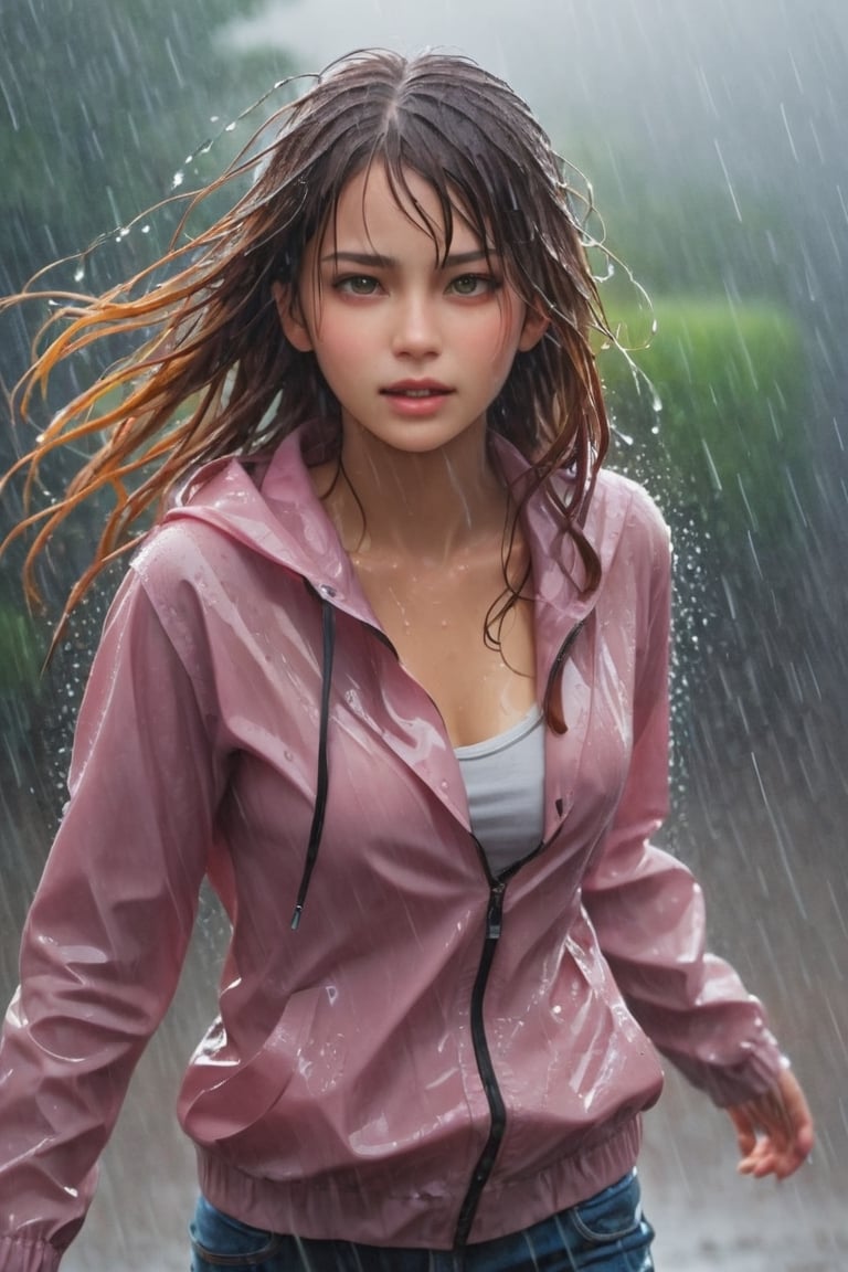 1girl, standing in the rain, wet clothes, heavy wind