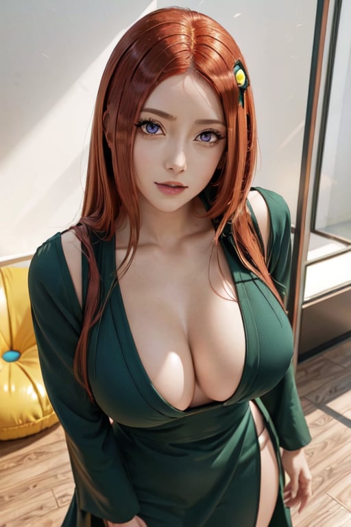 , uzumaki_kushina, large_breasts, standing, solo, kushina_green_dress, masterpiece, best quality, detailed face, detailed eyes, highres,