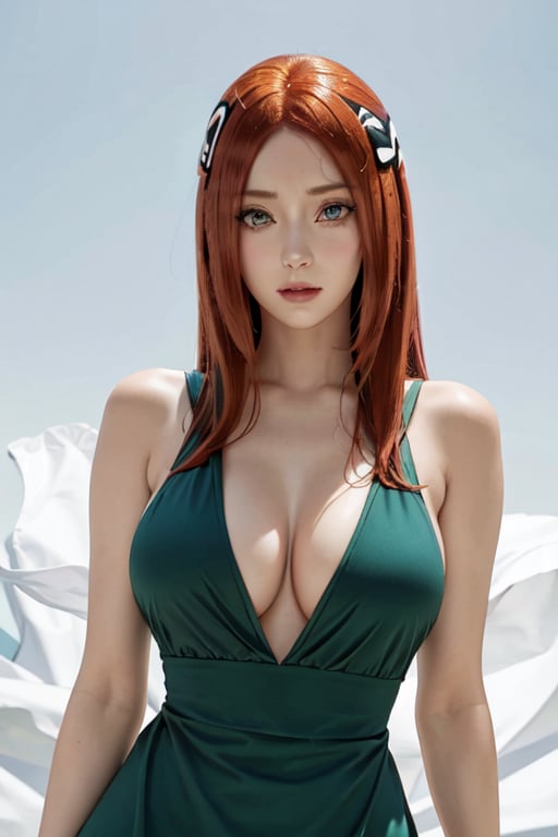 , uzumaki_kushina, large_breasts, standing, solo, kushina_green_dress, masterpiece, best quality, detailed face, detailed eyes, highres,