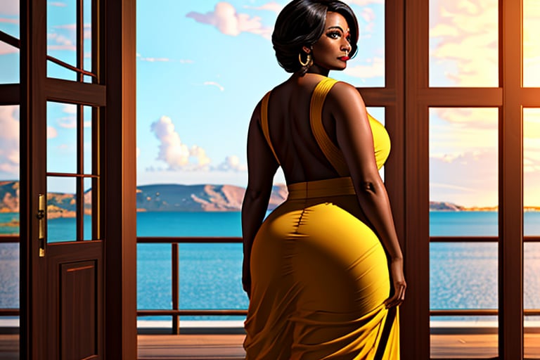 A beautiful light skin pear shaped mature woman mixed with African and Indian showing her backside. ultra realistic,  8K,...