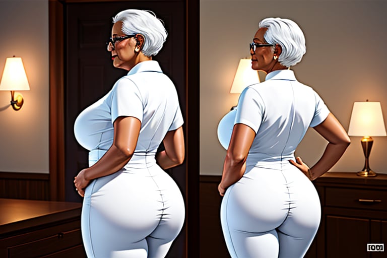 A beautiful light skin pear shaped wide hip big booty sexy old granny woman mixed with African and Indian wearing a skin t...
