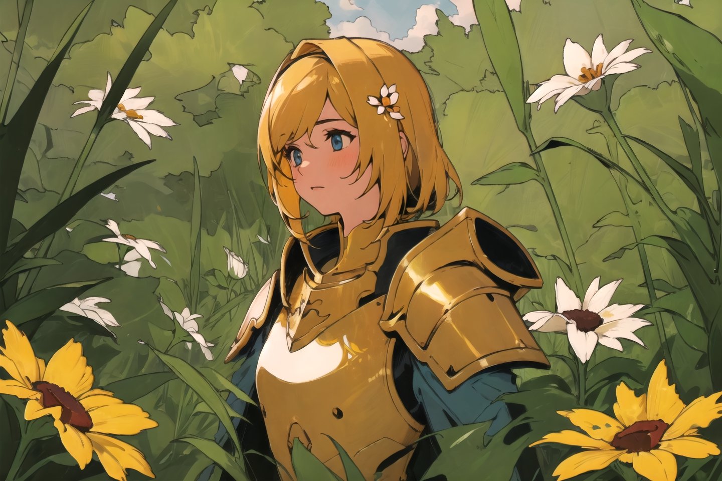 masterpiece, 1girl, upper body, paladin, flower meadow