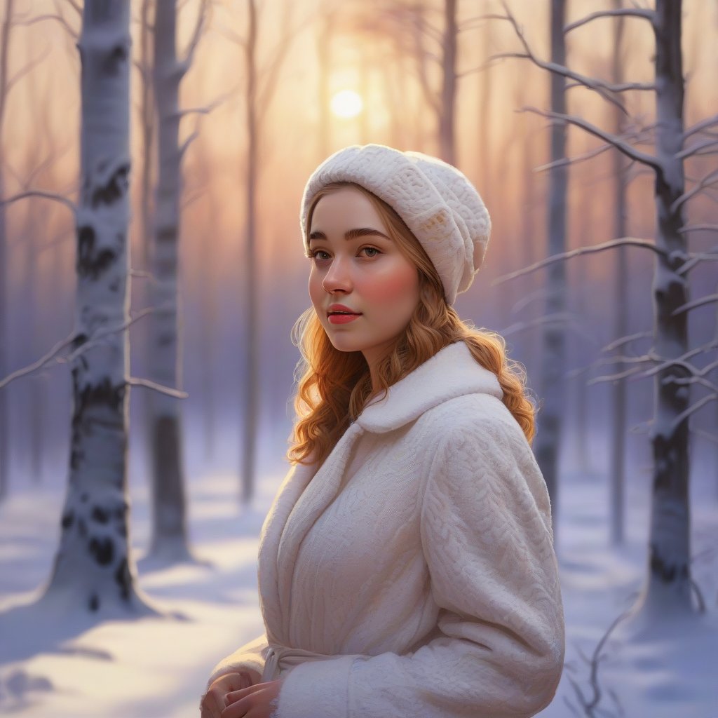 masterpiece, detailed, girl, winter forest, snow, sunset