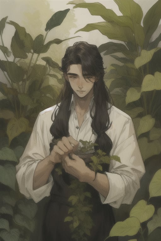 Man with long hair, beautiful, detailed, cute, plants, 1boy, HD