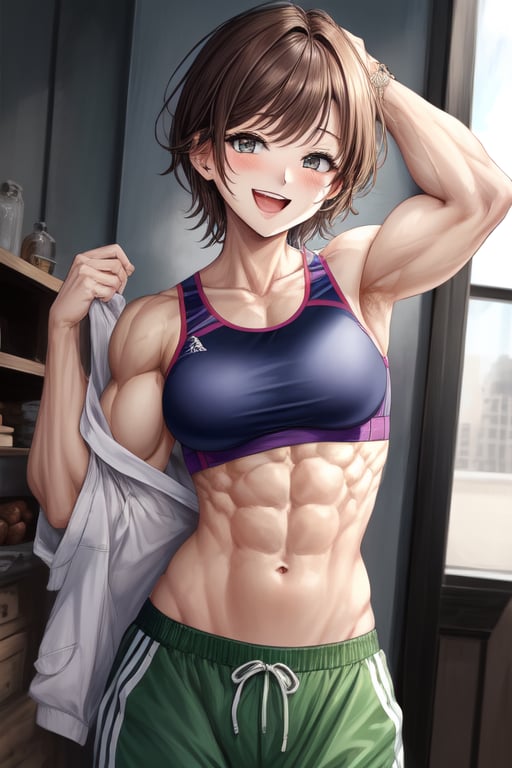 Muscular woman, tomboy, brown_hair, white, laughing at viewer, fully dressed, small boobs, sports bra, baggy pants