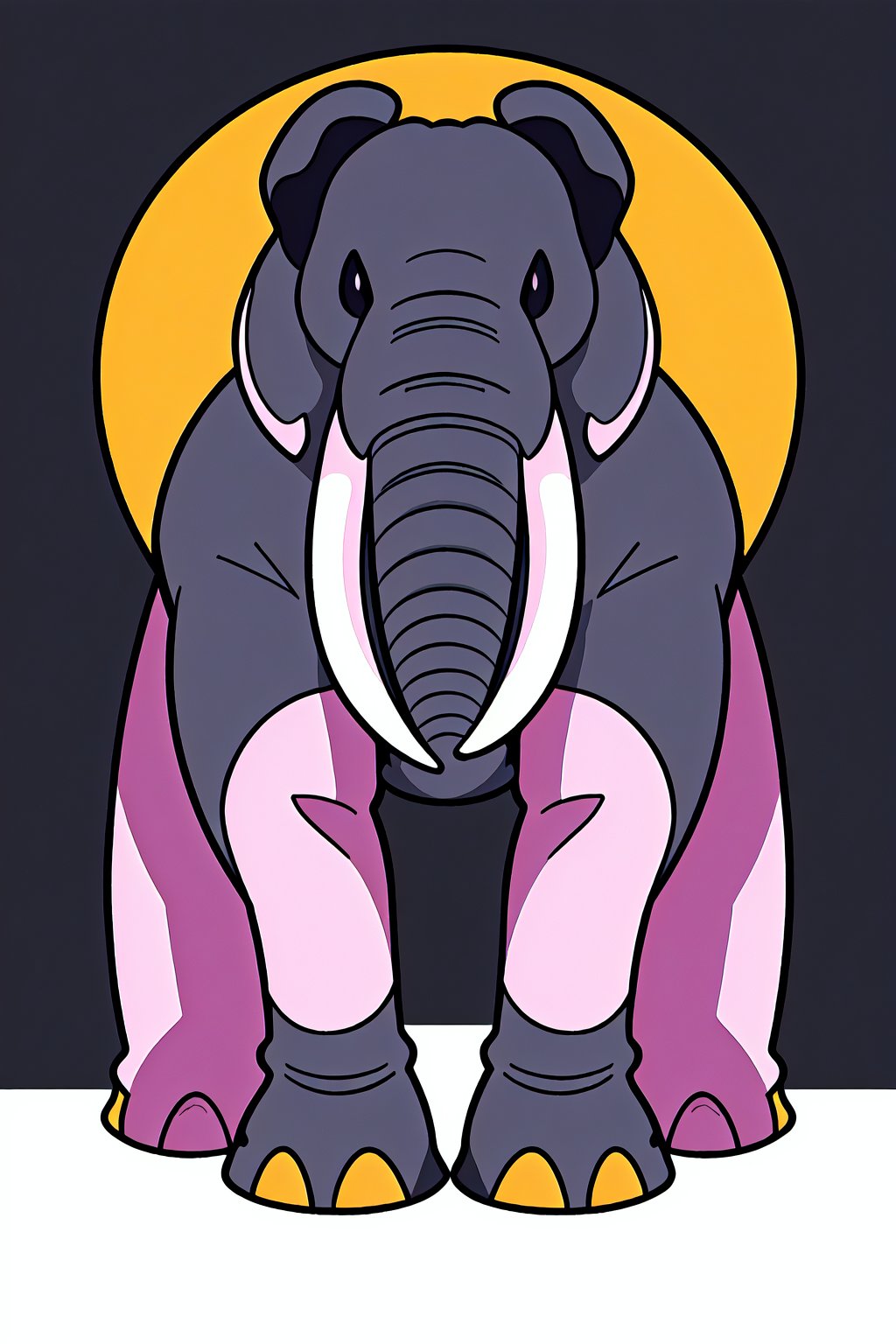 graphic design t-shirt, flat design , Elephant, Miami street, colorful hues, highly detailed clean, vector image, photorealistic masterpiece, professional photography, realistic Elephant, simple sunrise background for the Elephant, flat black background, isometric, bright vector((black background))