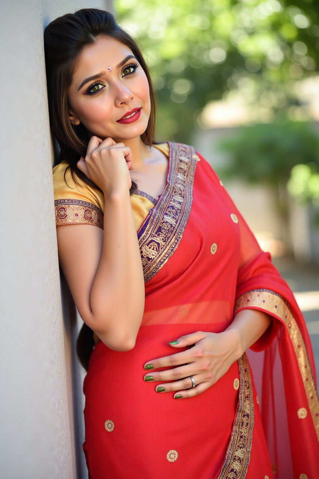 An ultra realistic image of a woman, wearing a saree, outdoors, leaning on a wall, looking_at_viewer, red lips, gorgeous face, highly detailed