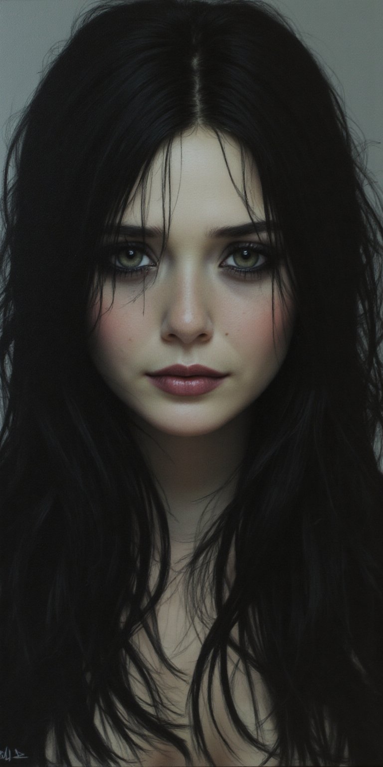 In Casey Baugh's evocative style,  a Gothic girl emerges from the depths of darkness,  her essence a captivating blend of...
