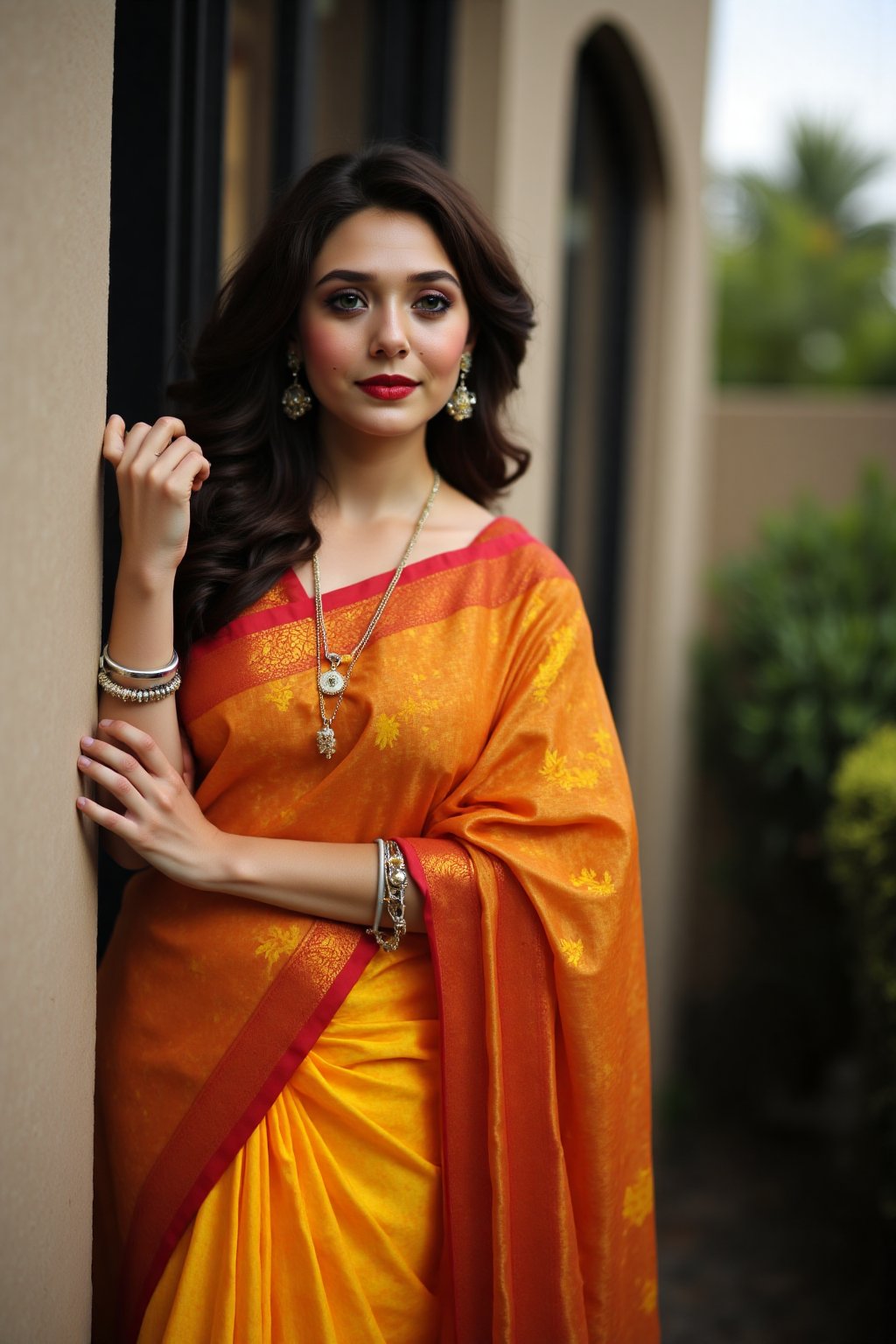 An ultra realistic image of a woman, wearing a saree, outdoors, leaning back on a wall, looking_at_viewer, red lips, gorgeous face, highly detailed