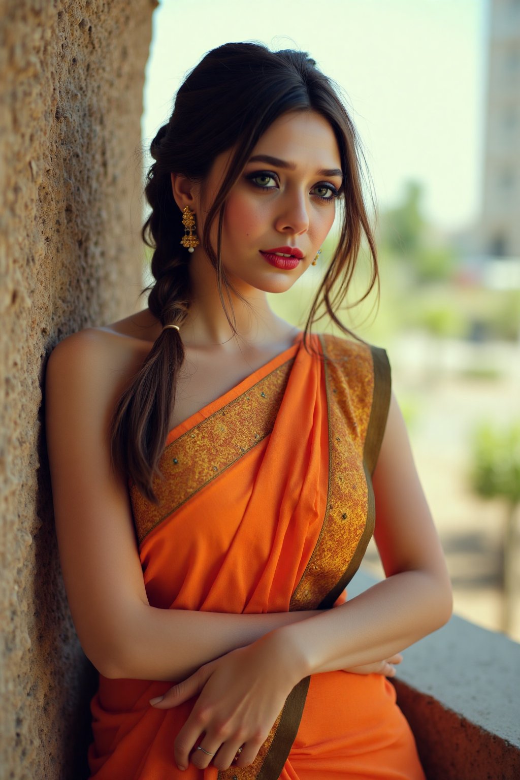 An ultra realistic image of a woman, wearing a saree, outdoors, leaning back on a wall, looking_at_viewer, red lips, gorgeous face, highly detailed