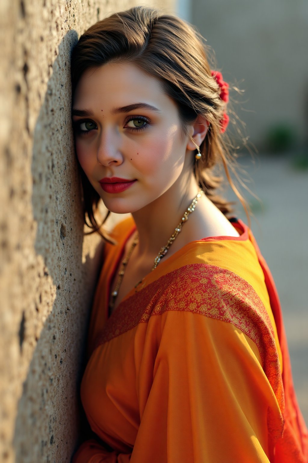 An ultra realistic image of a woman, wearing a saree, outdoors, leaning back on a wall, looking_at_viewer, red lips, gorgeous face, highly detailed