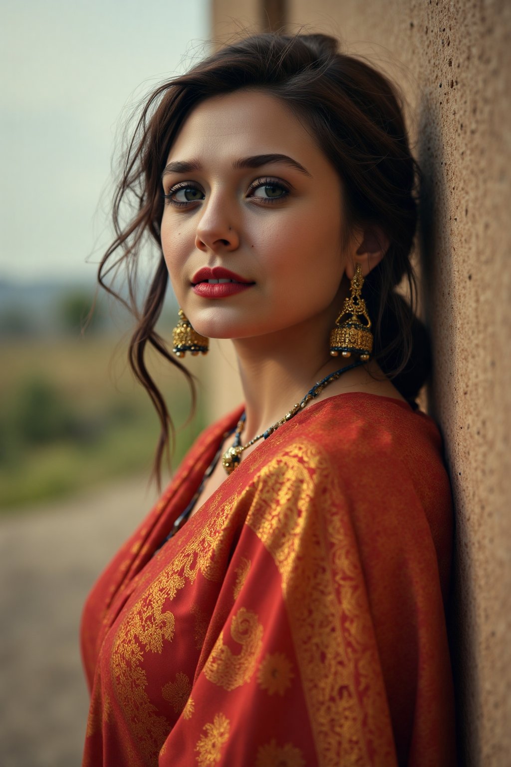 An ultra realistic image of a woman, wearing a saree, outdoors, leaning back on a wall, looking_at_viewer, red lips, gorgeous face, highly detailed