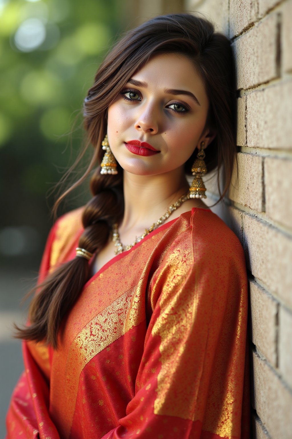 An ultra realistic image of a woman, wearing a saree, outdoors, leaning back on a wall, looking_at_viewer, red lips, gorgeous face, highly detailed