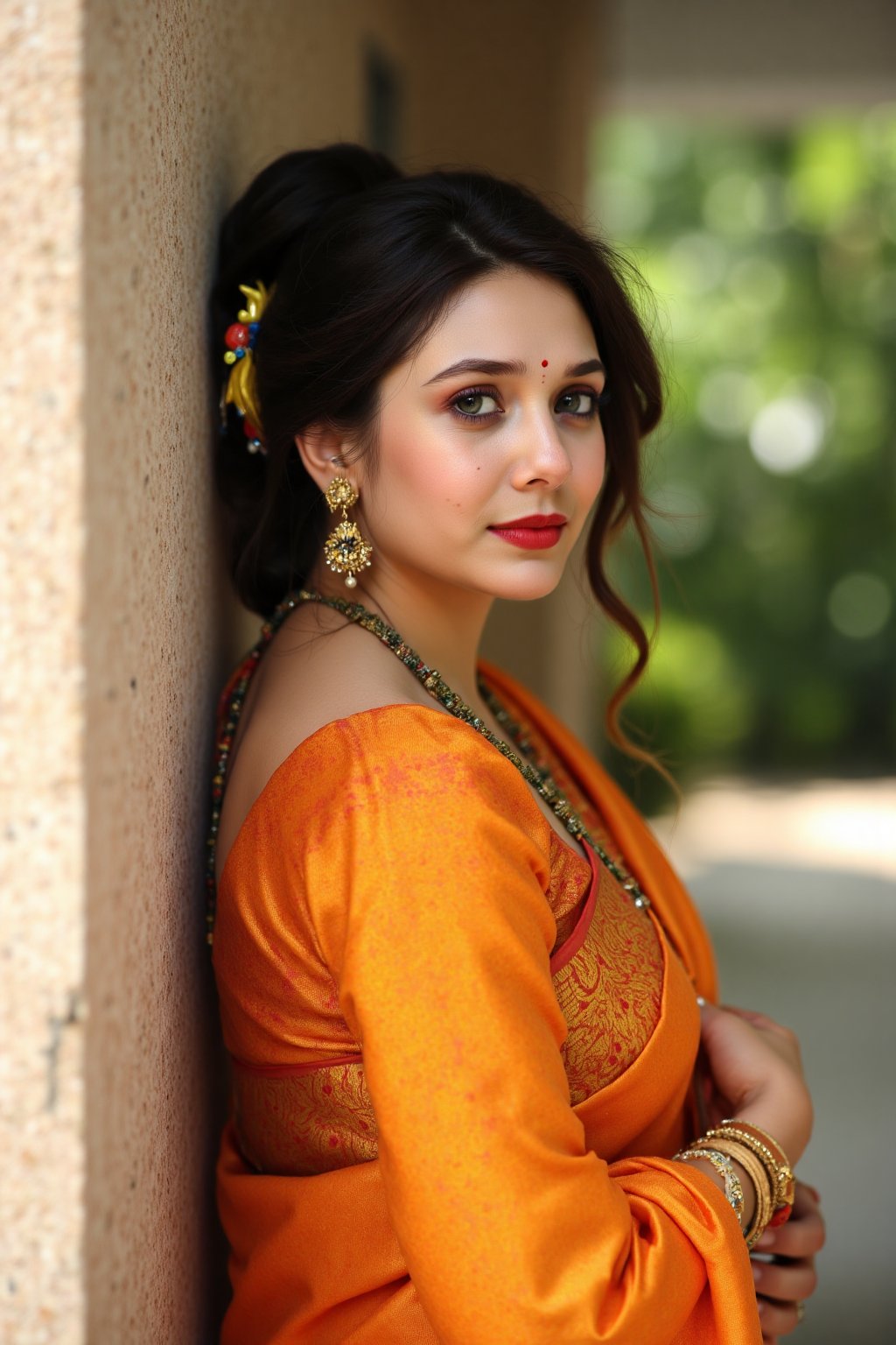 An ultra realistic image of a woman, wearing a saree, outdoors, leaning back on a wall, looking_at_viewer, red lips, gorgeous face, highly detailed