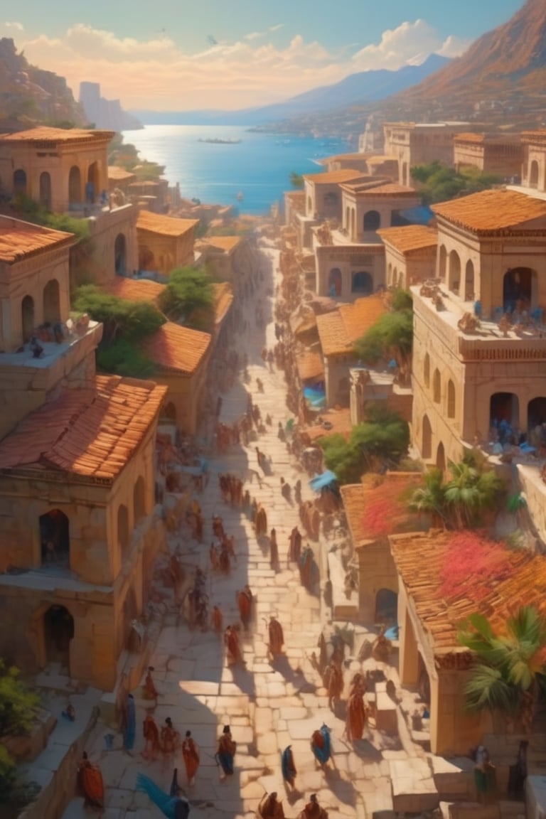 ((masterpiece), (extremely intricate), fantasy, ((hyper-realistic, 4K,)
(A bird's eye view of ancient Spartan City, showing the busy people),
(Ancient Sparta),
(((colorful spartan clothing, intricate details on clothing))), (perfect composition:1.4), aspect ratio 1:1, beach, deviantart hd, art station hd, concept art, detailed face and body, award-winning photography, margins, detailed face, professional oil painting by Ed Blinkey, Atey Ghailan, Jeremy Mann, Greg
