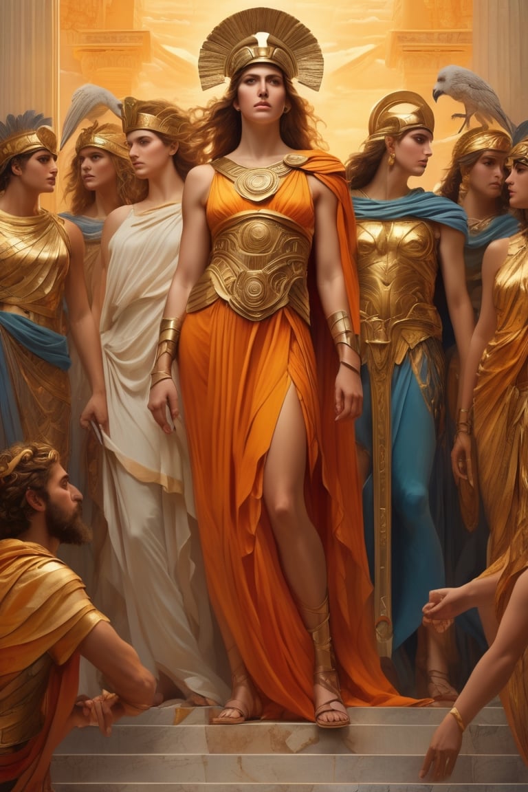 (masterpiece), (extremely intricate), fantasy, (((hyperrealistic, 8K, Ancient Greek mythology,)

Full Body Image of Athena as a deity, with other gods and goddesses watching.
wearing daring Greek costume

(colorful Greek God's clothing, intricate details), ( perfect composition:1.4 ) Deviantart HD, art station hd, concept art, detailed face and body.
