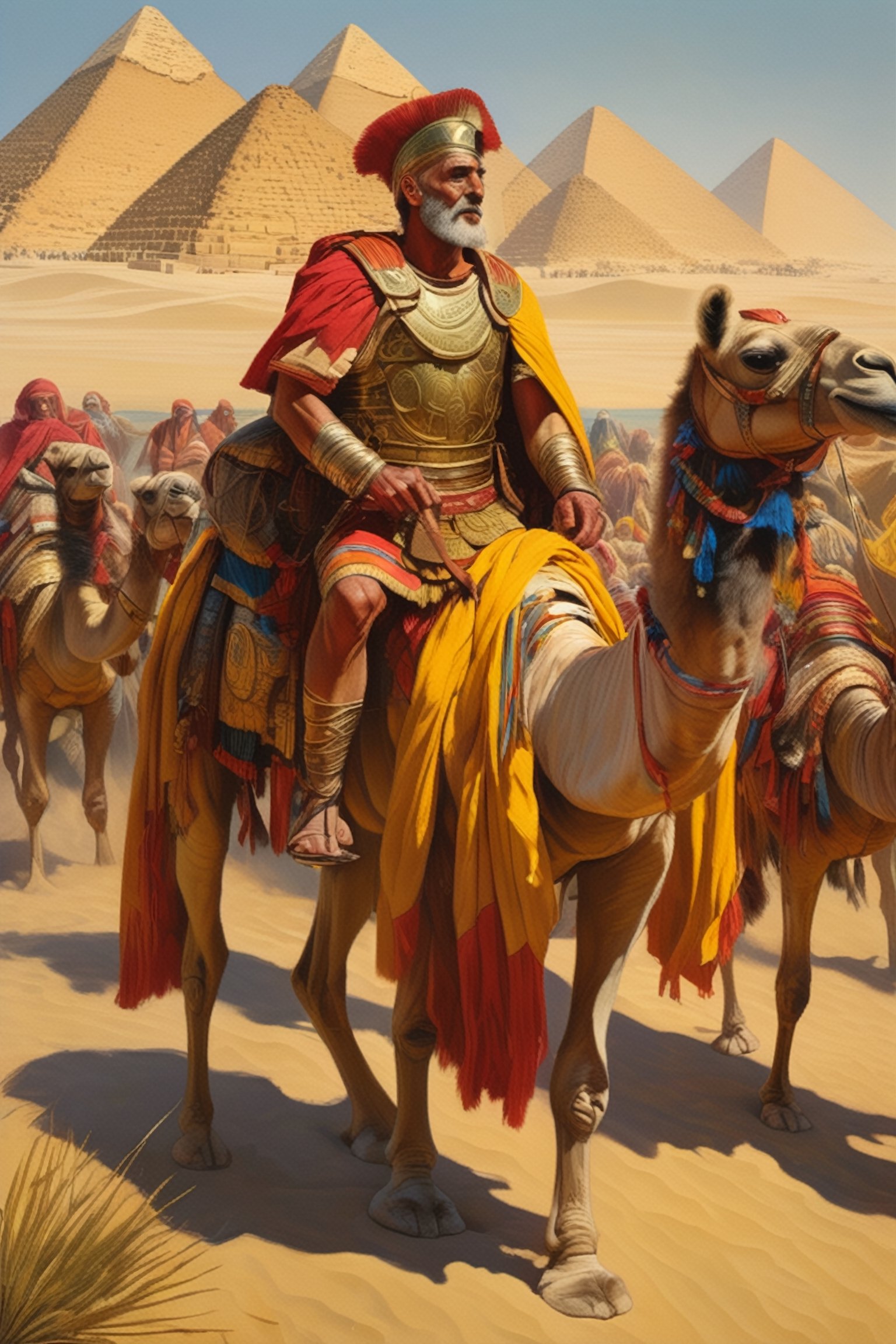 (masterpiece), (extremely intricate), fantasy, ((hyper-realistic, 4K, ancient Romans, year 276 to 282)

Emperor Probus and the Roman armies on the camels passing in Egypt with the draining swamps 



(((colorful clothing, intricate details on clothing))), (perfect composition:1.4), aspect ratio 1:1, beach, deviantart hd, artstation hd, concept art, detailed face and body, award-winning photography, margins, detailed face, professional oil painting by Ed Blinkey, Atey Ghailan, Jeremy Mann, Greg
