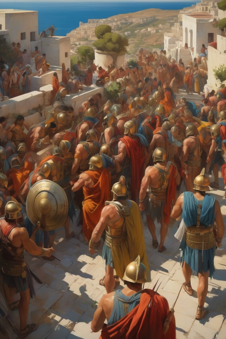 (masterpiece), (extremely intricate), fantasy, ((hyper-realistic, 4K, 331 BC),

(Birds-eye view Image of the Greek City)
 )


(((colorful ancient Spartan clothing, intricate details on clothing))), (perfect composition:1.4), aspect ratio 1:1, beach, deviantart hd, artstation hd, concept art, detailed face and body, award-winning photography, margins, detailed face, professional oil painting by Ed Blinkey, Atey Ghailan, Jeremy Mann, Greg
