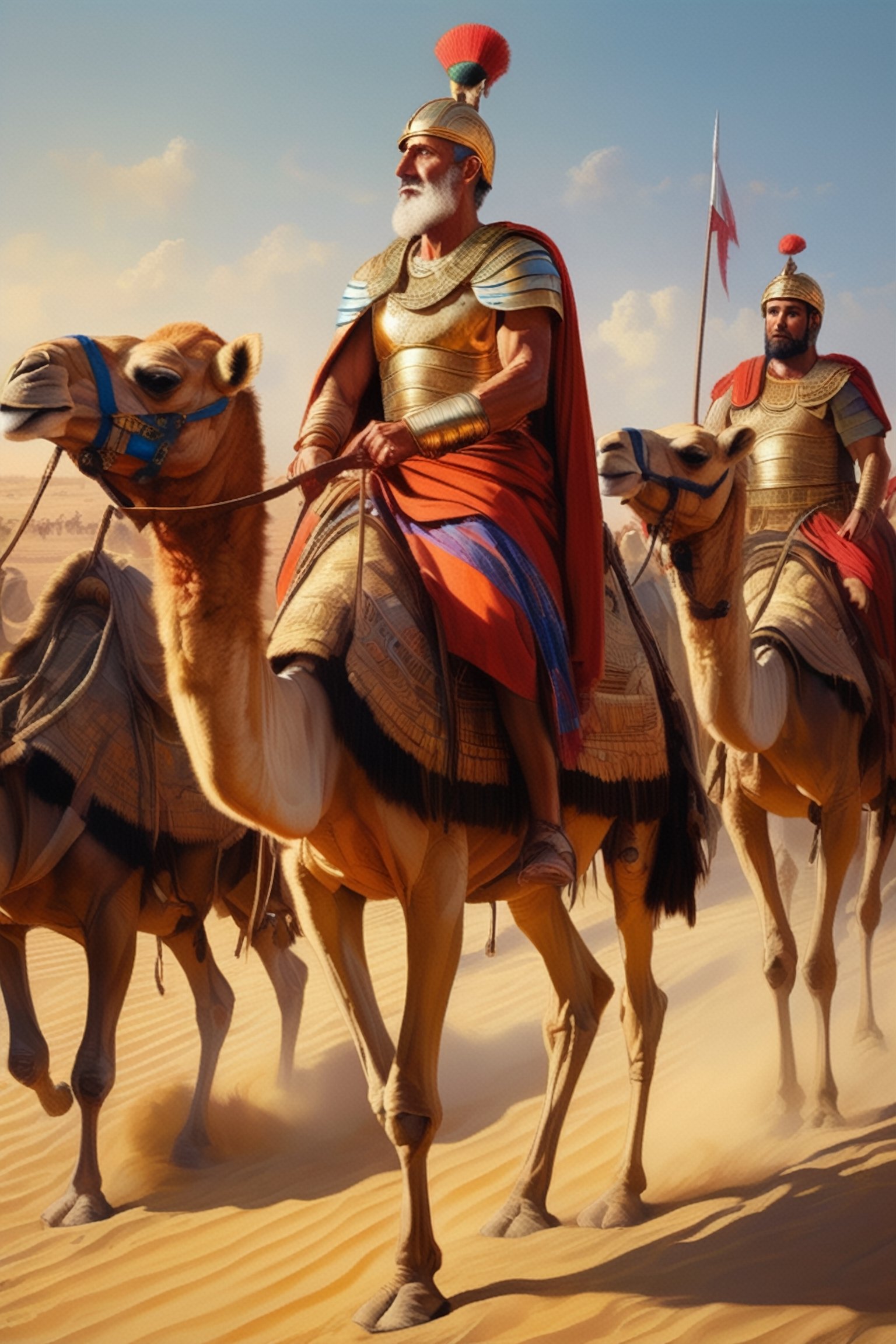 (masterpiece), (extremely intricate), fantasy, ((hyper-realistic, 4K, ancient Romans, year 276 to 282)

Emperor Probus and the Roman armies on the camels passing in the cereal production in Egypt with the swamps 



(((colorful clothing, intricate details on clothing))), (perfect composition:1.4), aspect ratio 1:1, beach, deviantart hd, artstation hd, concept art, detailed face and body, award-winning photography, margins, detailed face, professional oil painting by Ed Blinkey, Atey Ghailan, Jeremy Mann, Greg
