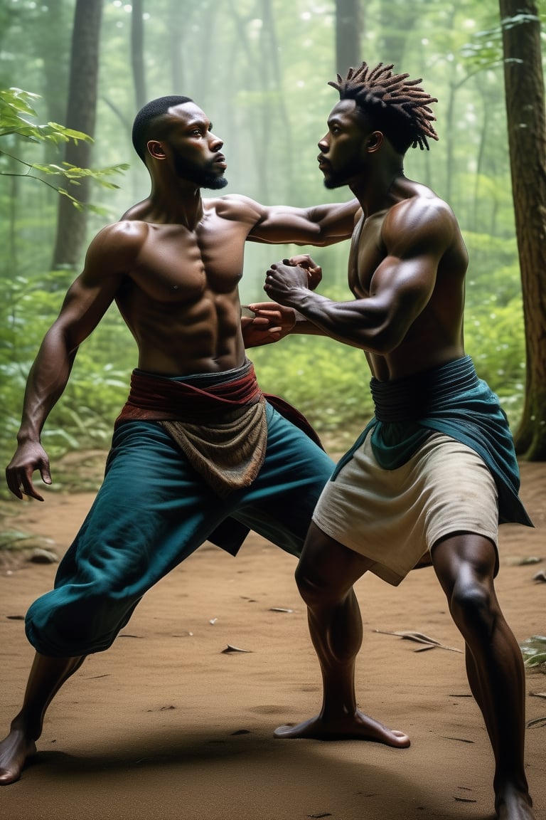 (masterpiece),  (extremely intricate),  fantasy,  ((hyper-realistic,  4K), 
(the Year is16th Century), 

images of 2 Black males in a fight, 

(The background is a group of black male and female locals in the forest),


(perfect composition:1.4),  aspect ratio 1:1,  beach,  deviantart hd,  artstation hd,  concept art,  detailed face and body,  award-winning photography,  margins,  detailed face,  professional oil painting by Ed Blinkey,  Atey Ghailan,  Jeremy Mann,  Greg


,OHWX