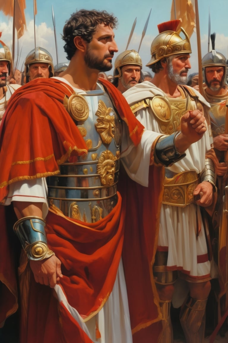 (masterpiece), (extremely intricate), fantasy, (((hyperrealistic, 4K, Ancient Roman,)(
Illustrate Ancient Roman Emperor Hadrian's diplomacy by showing him shaking hands with leaders from various Roman provinces.))),
(((colorful clothing, intricate details on clothing))), (perfect composition:1.4), aspect ratio 1:1, beach, deviantart hd, artstation hd, concept art, detailed face and body, award-winning photography, margins, detailed face, professional oil painting by Ed Blinkey, Atey Ghailan, Jeremy Mann, Greg
