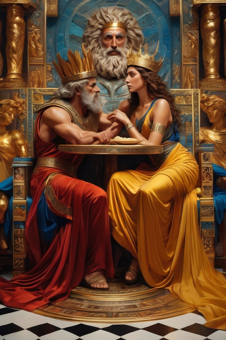 (masterpiece), (extremely intricate), fantasy, (((hyperrealistic, 8K, Ancient Greek mythology,)

Image of King Zeus Grabbing Queen Metis on a long table.

(colorful Greek God's clothing, intricate details), ( perfect composition:1.4 ) Deviantart HD, art station hd, concept art, detailed face and body.
