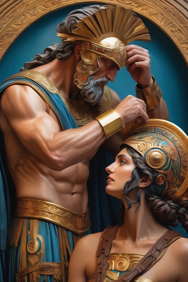 (masterpiece), (extremely intricate), fantasy, (((hyperrealistic, 8K, Ancient Greek mythology,)

Greek Goddess Metis fixing a Greek Goddess helmet.

(colorful Greek God's clothing, intricate details), ( perfect composition:1.4 ) Deviantart HD, art station hd, concept art, detailed face and body.
