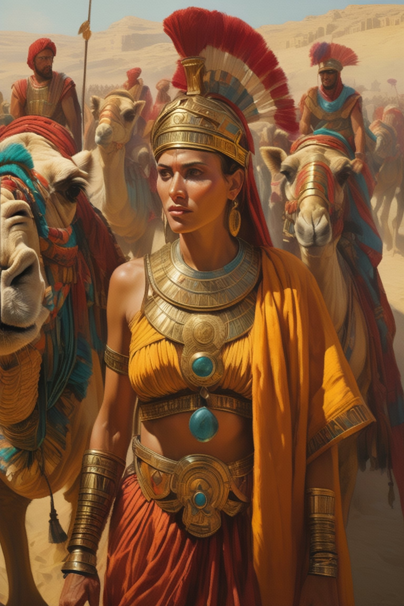 (masterpiece), (extremely intricate), fantasy, ((hyper-realistic, 4K, ancient Romans, year 276 to 282)

the Roman armies on the camels passing in the cereal production in Egypt by draining swamps 



(((colorful clothing, intricate details on clothing))), (perfect composition:1.4), aspect ratio 1:1, beach, deviantart hd, artstation hd, concept art, detailed face and body, award-winning photography, margins, detailed face, professional oil painting by Ed Blinkey, Atey Ghailan, Jeremy Mann, Greg
