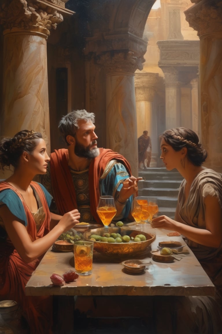 (masterpiece), (extremely intricate), fantasy, (hyperrealistic, 4K, Ancient Roman), ( Year 180 AD ),

- (Full Body),
- (Image of 3 sets of table with Ancient Roman  man and woman eating and drinking alcoholic drinks);


(intricate details on clothing), (perfect composition:1.4), deviantart hd, art station hd, concept art, detailed face and body, award-winning photography, margins, detailed face, professional oil painting by Ed Blinkey, Atey Ghailan, Jeremy Mann, Greg
