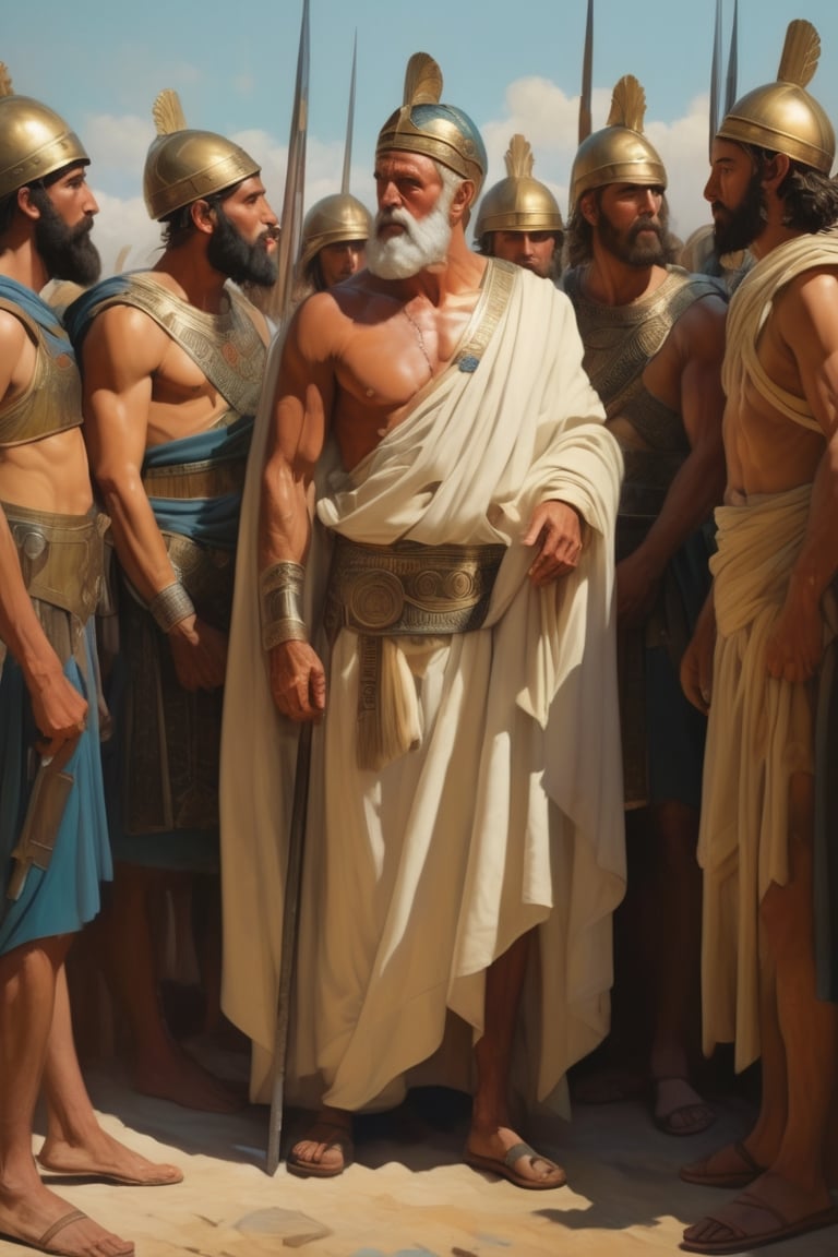 ((masterpiece), (extremely intricate), fantasy, ((hyper-realistic, 4K, 875 BC),
(Create a full-body scene showing Greek King Pygmalion of Tyre preparing and meeting with his soldiers for war),
(King of Tyre),
(((colorful ancient Greek clothing, intricate details on clothing))), (perfect composition:1.4), aspect ratio 1:1, beach, deviantart hd, artstation hd, concept art, detailed face and body, award-winning photography, margins, detailed face, professional oil painting by Ed Blinkey, Atey Ghailan, Jeremy Mann, Greg
