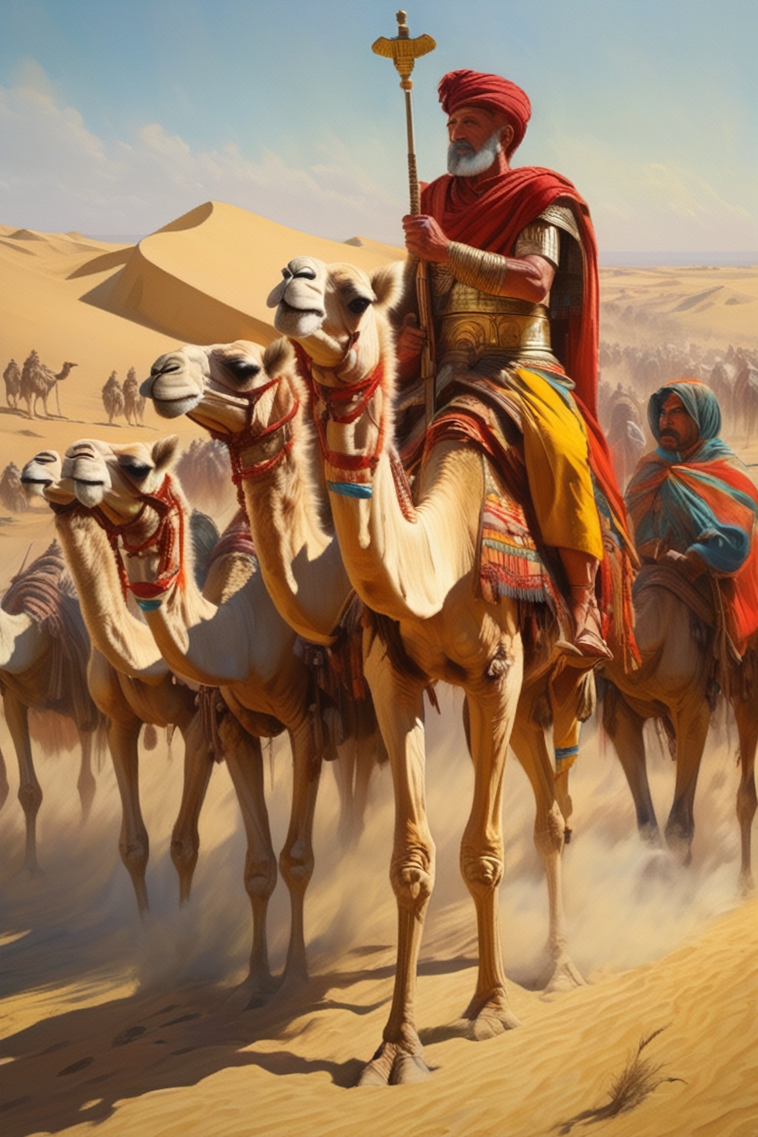 (masterpiece), (extremely intricate), fantasy, ((hyper-realistic, 4K, ancient Romans, year 276 to 282)

Emperor Probus and the Roman armies on the camels passing in the cereal production in Egypt with the swamps 



(((colorful clothing, intricate details on clothing))), (perfect composition:1.4), aspect ratio 1:1, beach, deviantart hd, artstation hd, concept art, detailed face and body, award-winning photography, margins, detailed face, professional oil painting by Ed Blinkey, Atey Ghailan, Jeremy Mann, Greg
