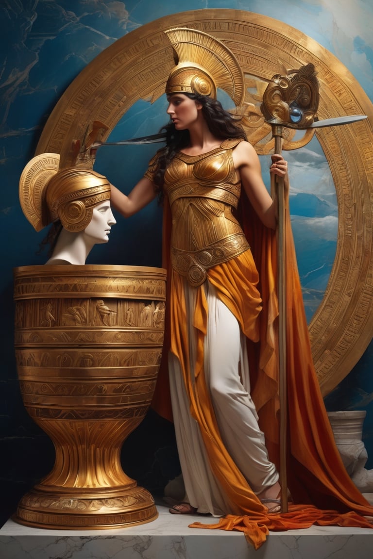 (masterpiece), (extremely intricate), fantasy, (((hyperrealistic, 8K, Ancient Greek mythology,)

Greek Goddess Metis fixing a Greek Goddess helmet.

(colorful Greek God's clothing, intricate details), ( perfect composition:1.4 ) Deviantart HD, art station hd, concept art, detailed face and body.
