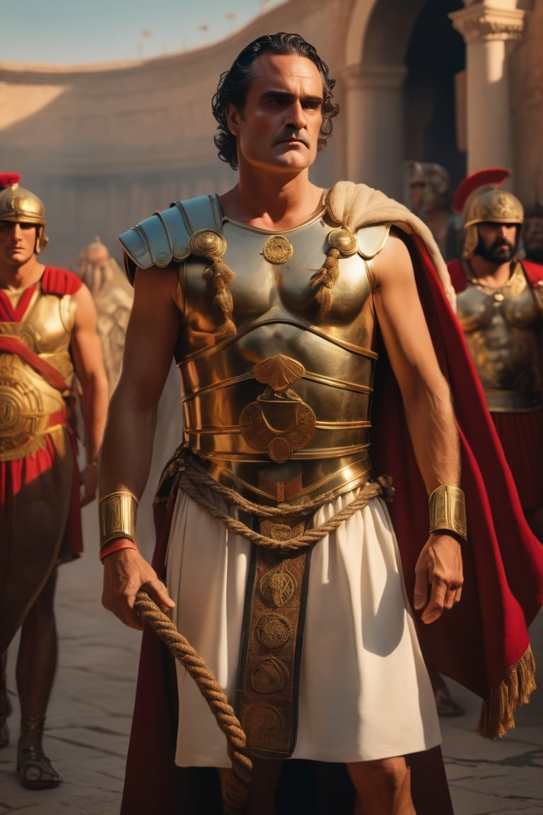 (masterpiece), (extremely intricate), fantasy, (hyperrealistic, 4K, Ancient Roman), ( Year 180 AD ),

- (Full Body),
- (Image of Joaquin Phoenix as Emperor of Ancient Rome with a wrestler holding a rope in the background),


(intricate details on clothing), (perfect composition:1.4), deviantart hd, art station hd, concept art, detailed face and body, award-winning photography, margins, detailed face, professional oil painting by Ed Blinkey, Atey Ghailan, Jeremy Mann, Greg
