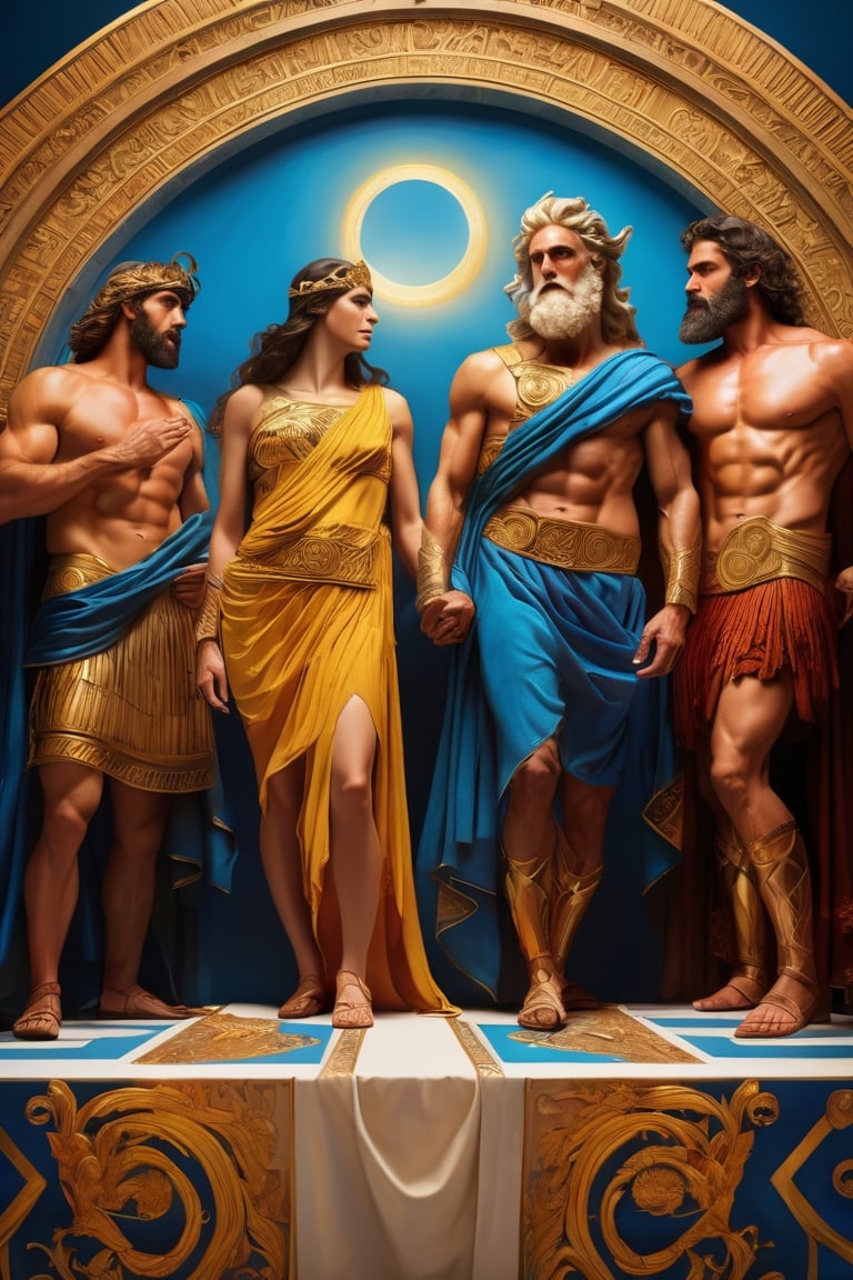 (masterpiece), (extremely intricate), fantasy, (((hyperrealistic, 8K, Ancient Greek mythology,)

Full Body Image of Zeus and Metis on their long table

(colorful Greek God's clothing, intricate details), ( perfect composition:1.4 ) Deviantart HD, art station hd, concept art, detailed face and body.
