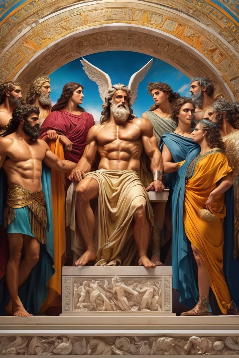 (masterpiece), (extremely intricate), fantasy, (((hyperrealistic, 8K, Ancient Greek mythology,)

Full Body Image of Zeus and Metis on their long table with other Greek Gods

(colorful Greek God's clothing, intricate details), ( perfect composition:1.4 ) Deviantart HD, art station hd, concept art, detailed face and body.
