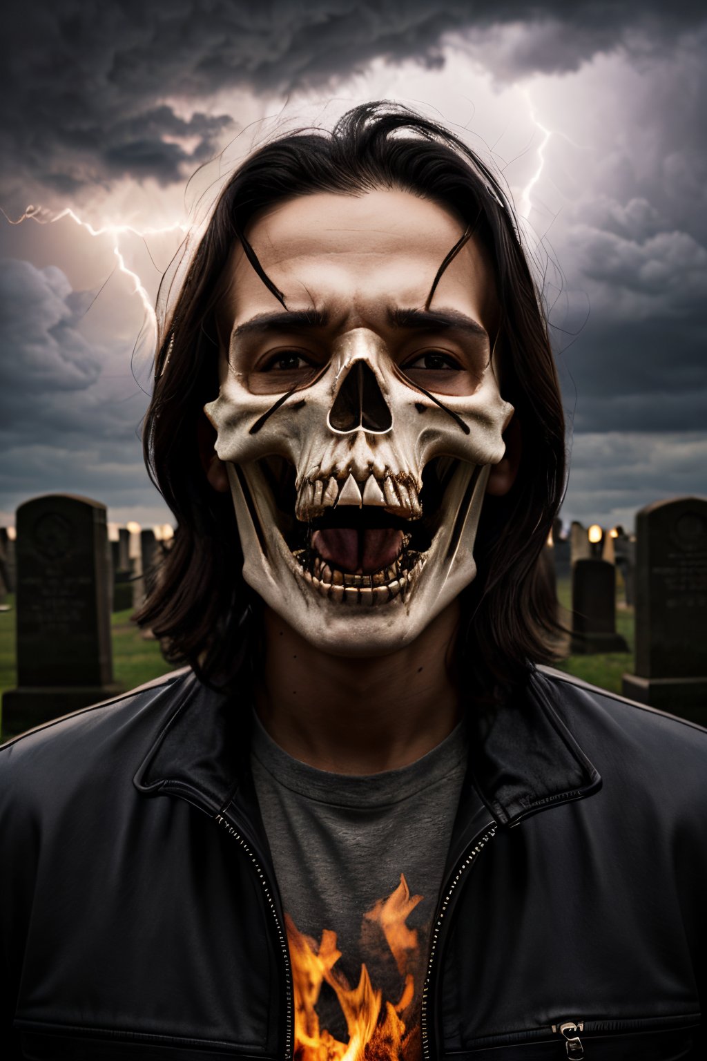 Photorealistic, Ghost Rider, facial portrait, screaming, cloudy sky, lightning, cemetery, 