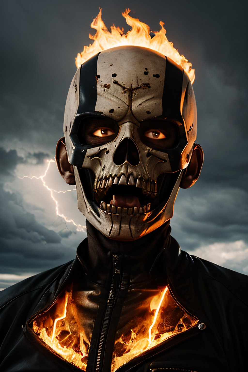 Photorealistic, Marvel's Ghost Rider, no hair, facial portrait, screaming, cloudy sky, lightning, cemetery, 