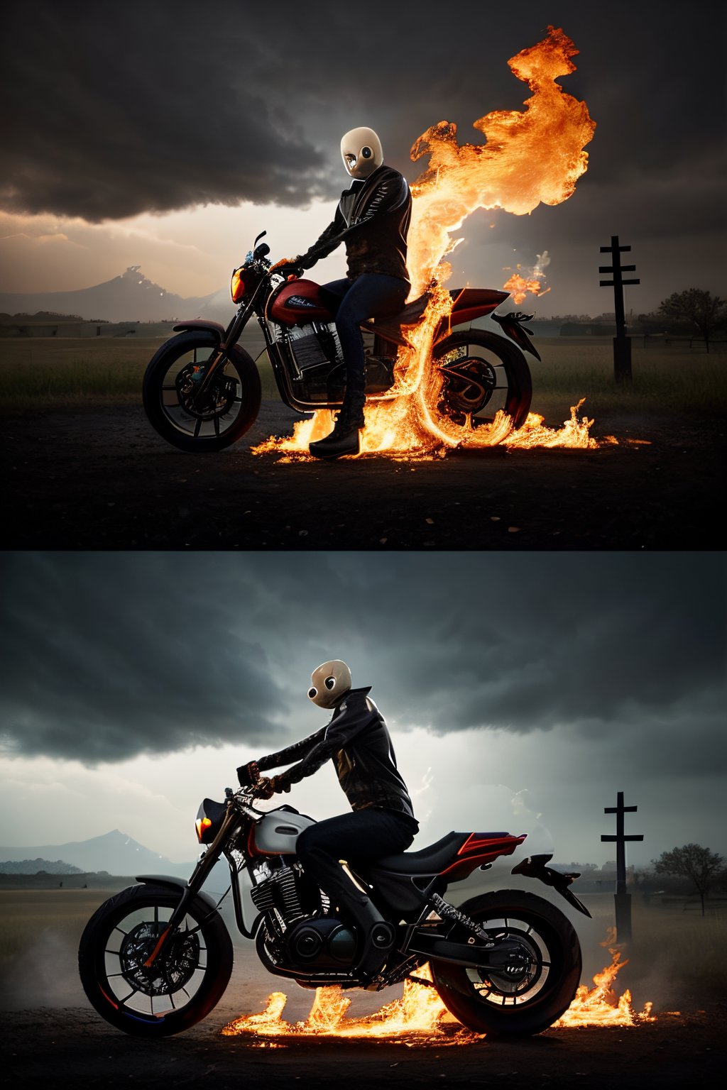 Photorealistic, Marvel's Ghost Rider, ((((no hair)))), ((((no eyes)))), facial portrait, screaming, cloudy sky, lightning, cemetery, flaming chains on hand, near flaming motorcycle, 