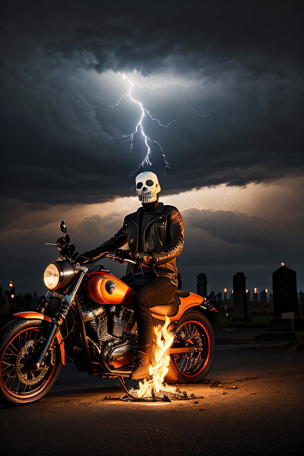 Photorealistic, Marvel's Ghost Rider with flaming skull, ((((NO SKIN)))), ((((no hair)))), ((((no eyes)))), facial portrait, screaming, Metal spikes on top of shoulders, black leather jacket, cloudy sky, lightning, cemetery, flaming motorcycle, fighting pose, screaming 