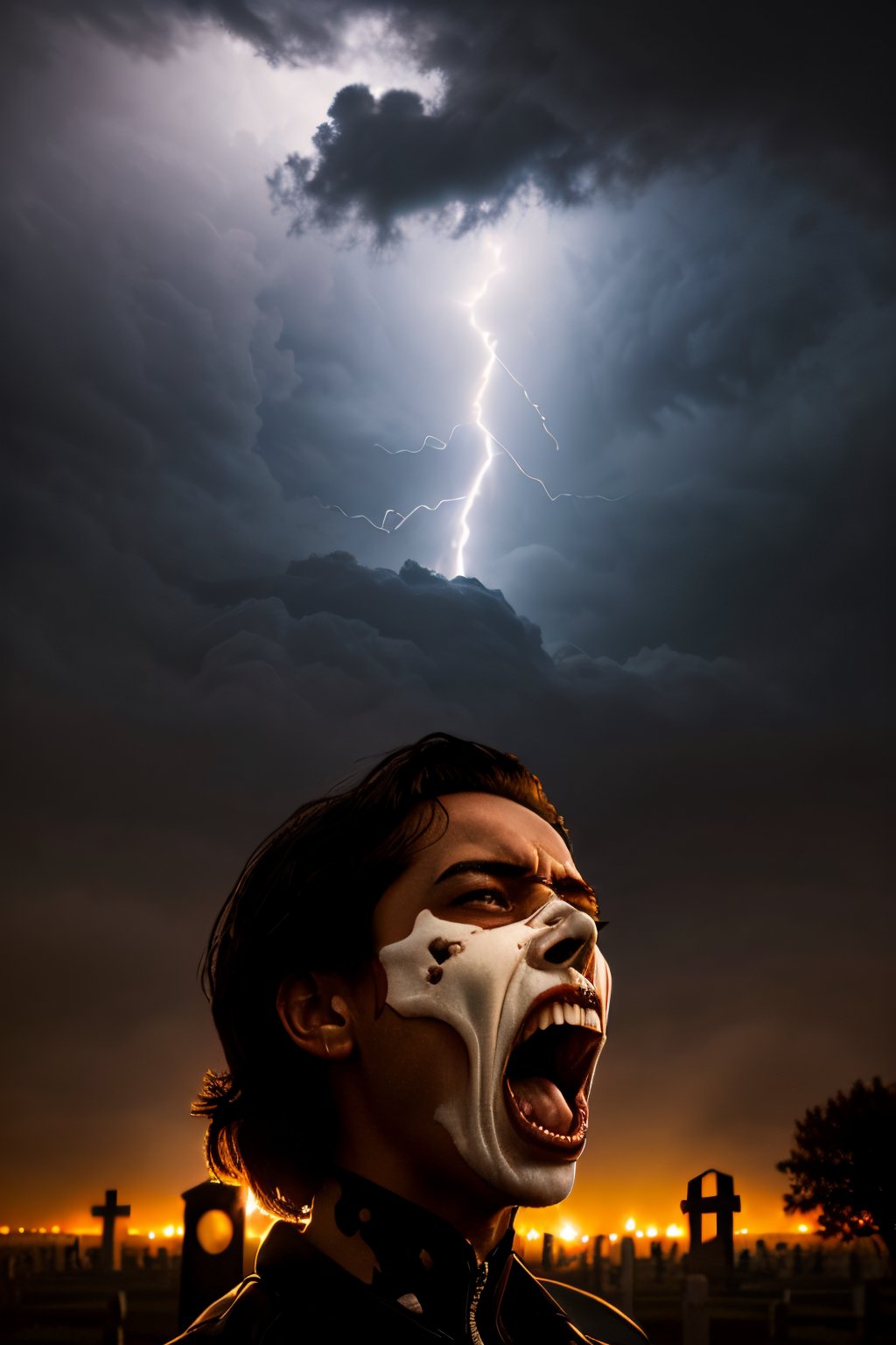 Photorealistic, Ghost Rider, facial portrait, screaming, cloudy sky, lightning, cemetery, 