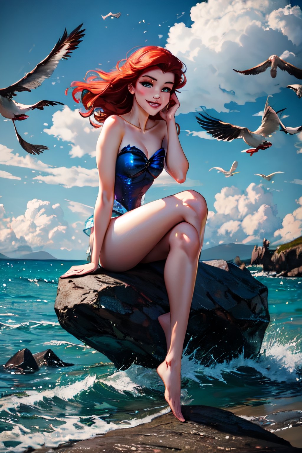 ariel, facial portrait, sexy stare, smirked, shoreline, sitting on a rock, crabs, seagulls, cloudy sky, waves, 