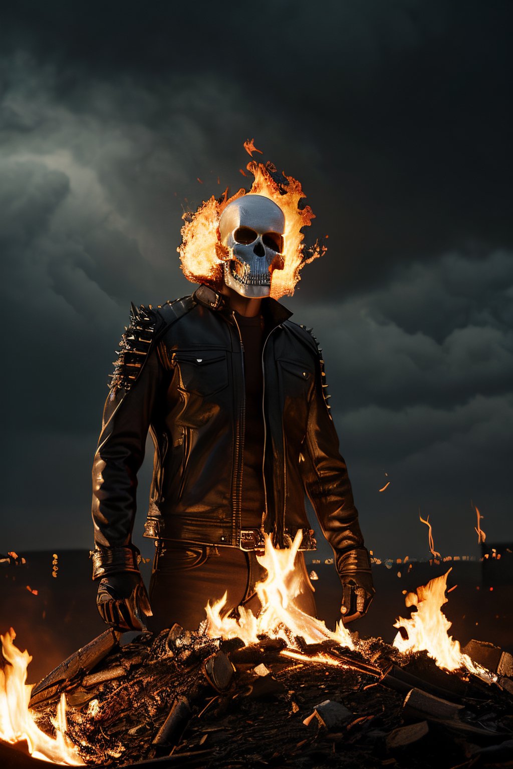 Photorealistic, Marvel's Ghost Rider with flaming skull, ((((NO SKIN)))), ((((no hair)))), ((((no eyes)))), facial portrait, Metal spikes on top of shoulders, black leather jacket, cloudy sky, lightning, cemetery, flaming motorcycle, flaming chains on hand, screaming 