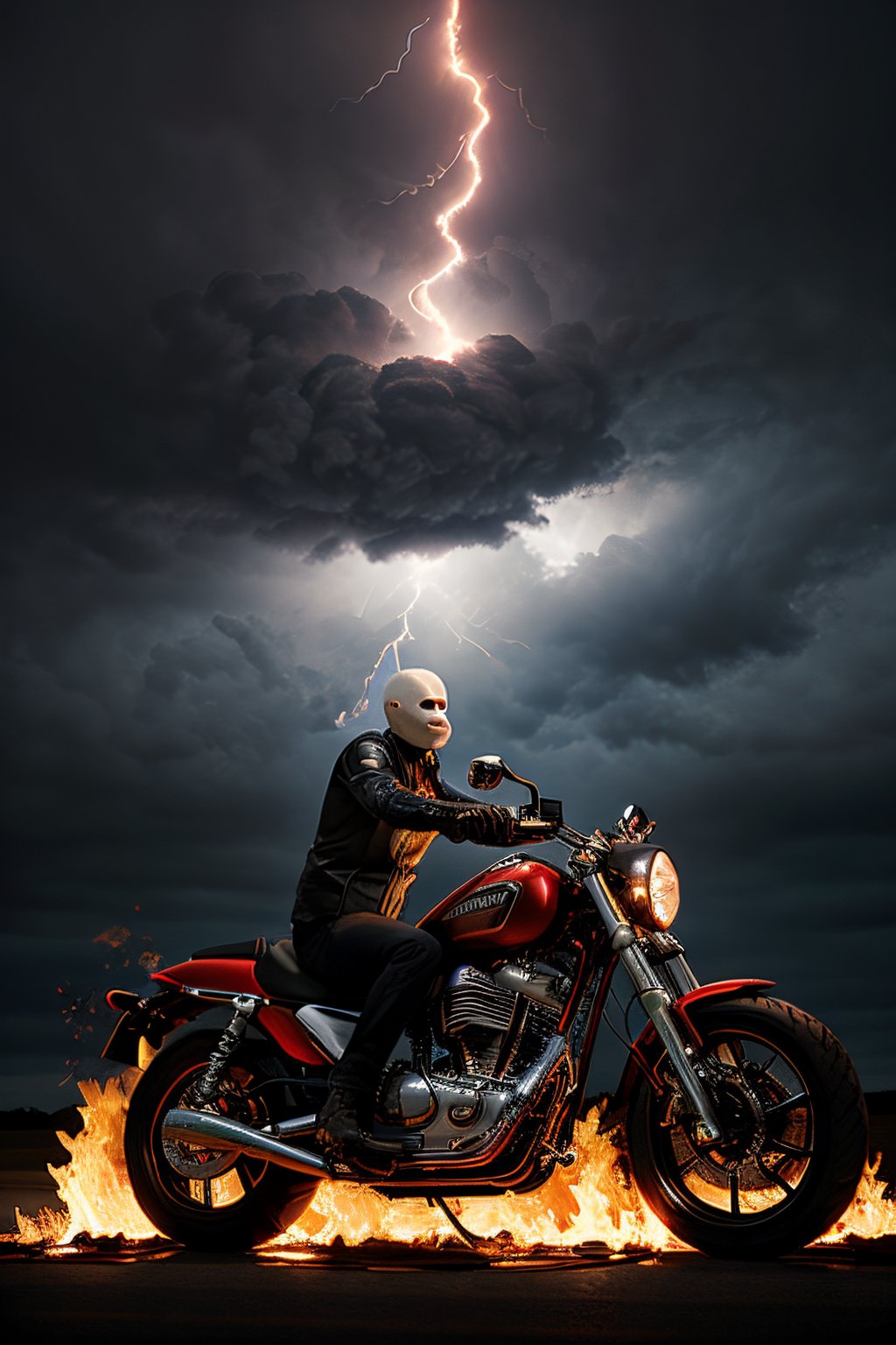 Photorealistic, Marvel's Ghost Rider, ((((no hair)))), ((((no eyes)))), facial portrait, screaming, cloudy sky, lightning, cemetery, flaming chains on hand, near flaming motorcycle, 