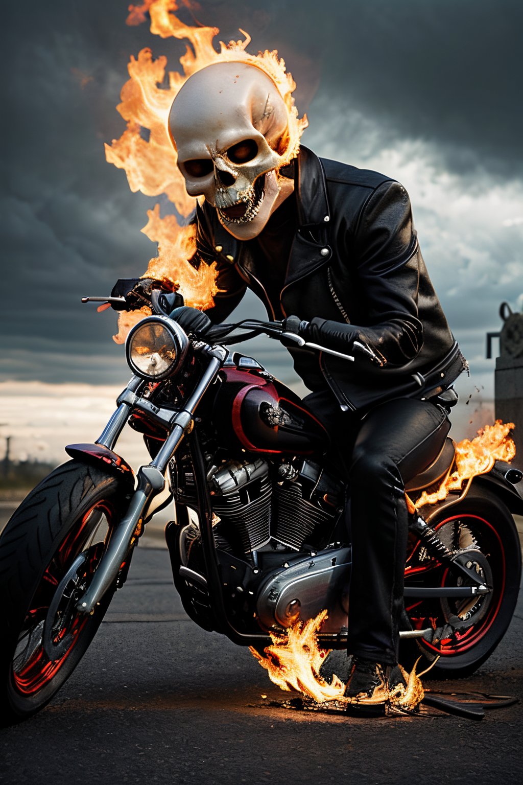 Photorealistic, Marvel's Ghost Rider with flaming skull, ((((NO SKIN)))), ((((no hair)))), ((((no eyes)))), facial portrait, screaming, Metal spikes on top of shoulders, black leather jacket, cloudy sky, lightning, cemetery, flaming motorcycle, fighting pose, screaming 