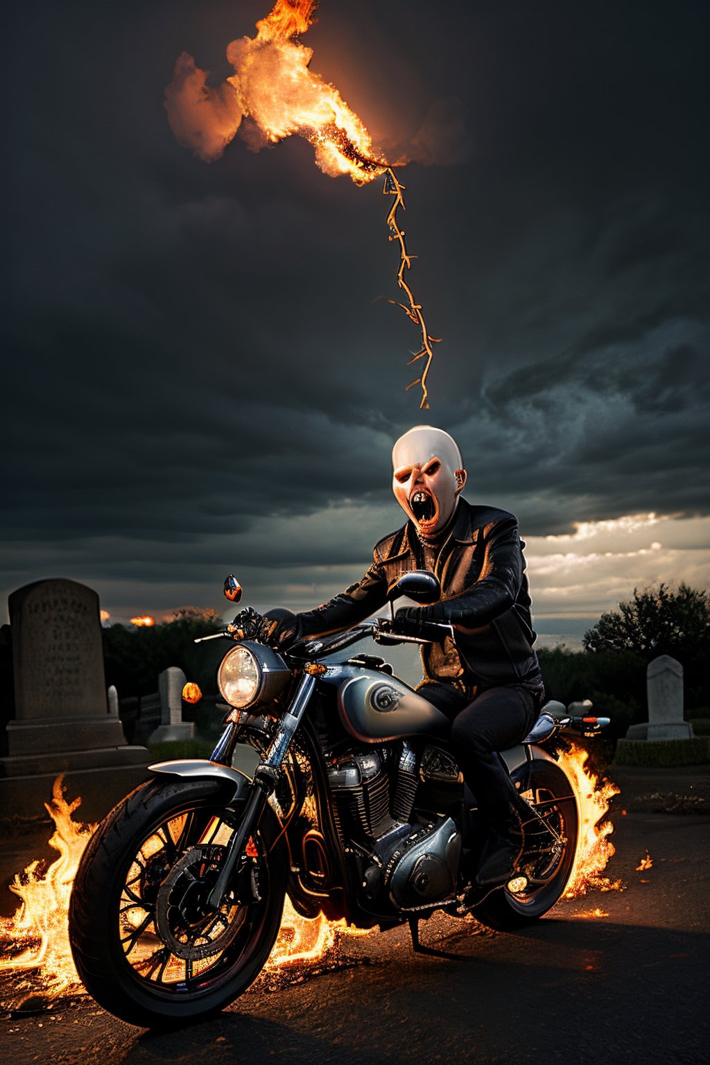 Photorealistic, Marvel's Ghost Rider, ((((no hair)))), ((((no eyes)))), facial portrait, screaming, cloudy sky, lightning, cemetery, flaming chains on hand, flaming motorcycle, 