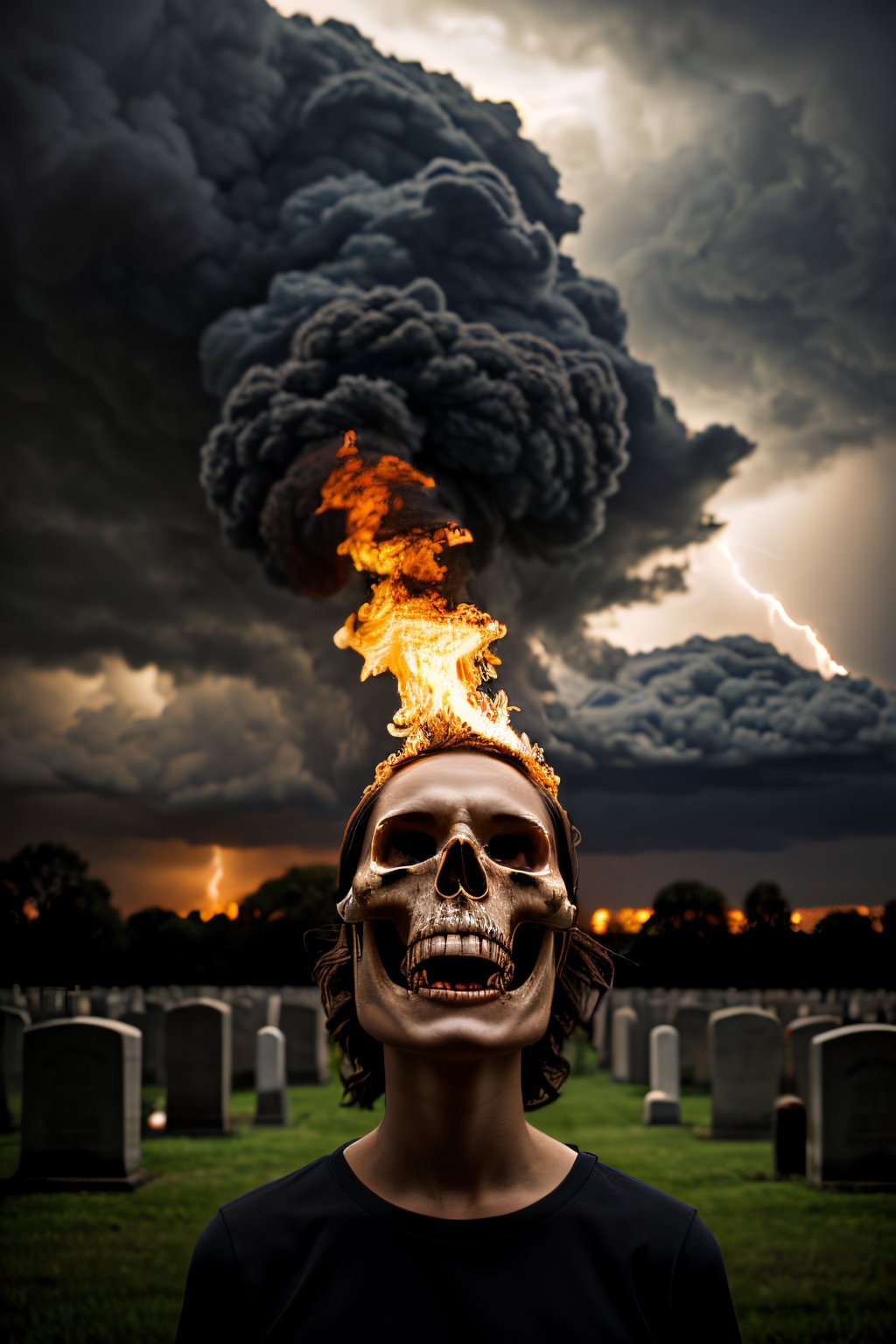 Photorealistic, flaming skull head, facial portrait, screaming, cloudy sky, lightning, cemetery, 