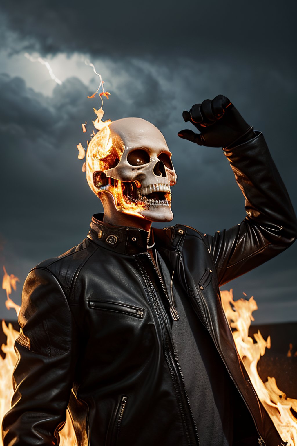 Photorealistic, Marvel's Ghost Rider with flaming skull, ((((NO SKIN)))), ((((no hair)))), ((((no eyes)))), facial portrait, screaming, Metal spikes on top of shoulders, black leather jacket, cloudy sky, lightning, cemetery, flaming motorcycle, fighting pose, screaming 