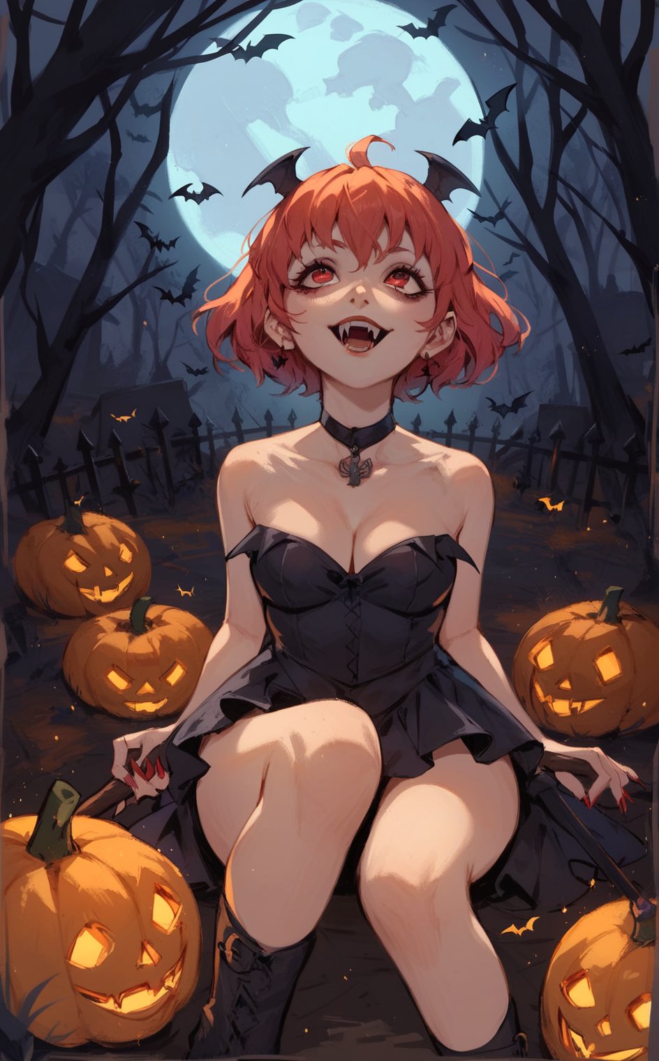 score_9, score_8_up, score_7_up, score_6_up, hall0ween, 1girl, solo, sitting, gravestone, vampire costume, looking up, red eyes, bat staff, eerie forest, jack-o’-lanterns, misty ground, medium shot, glowing pumpkins, haunted night, vampire fangs, moonlight